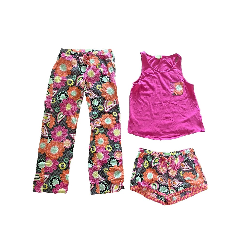 Sm Vera Bradley‎ 3 Piece Pajama Set Bright Pink Ziggy Zinnia Preppy Cozy Lounge
